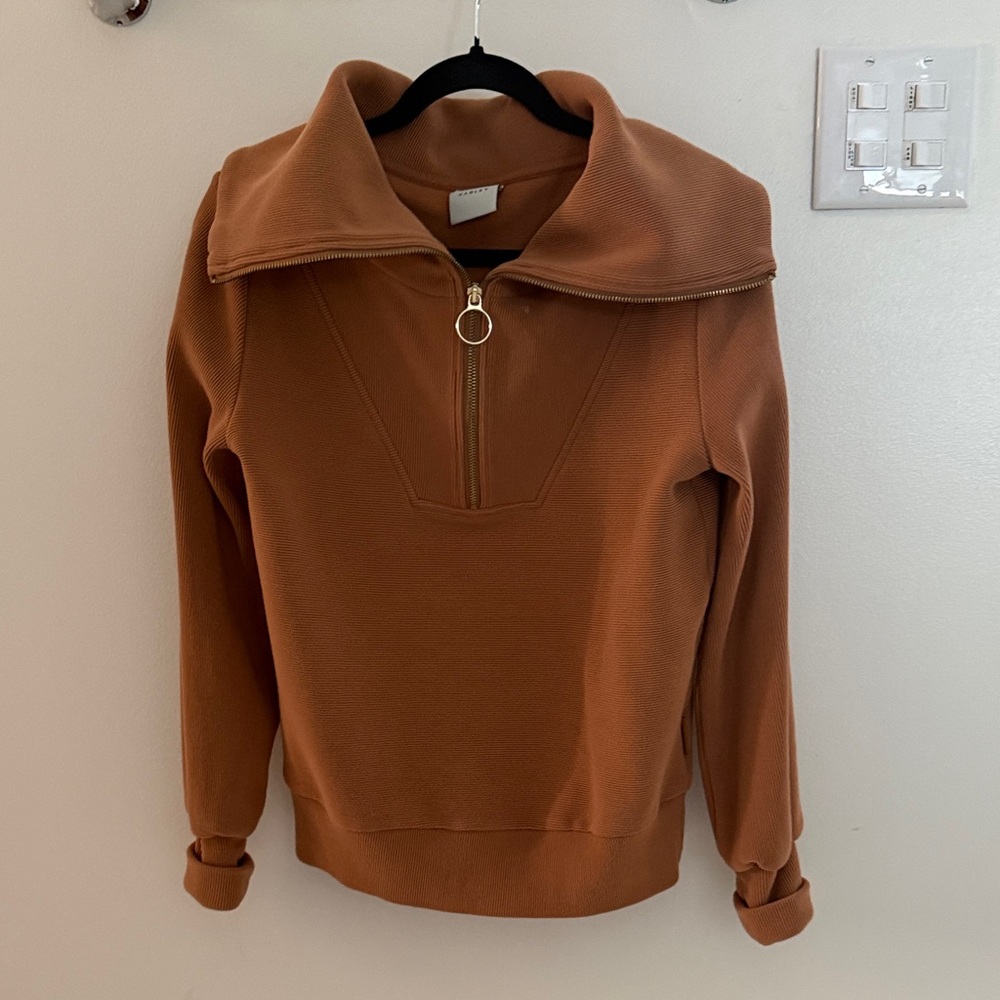 Varley Tan Zip-Up Cowl Neck Sweatshirt